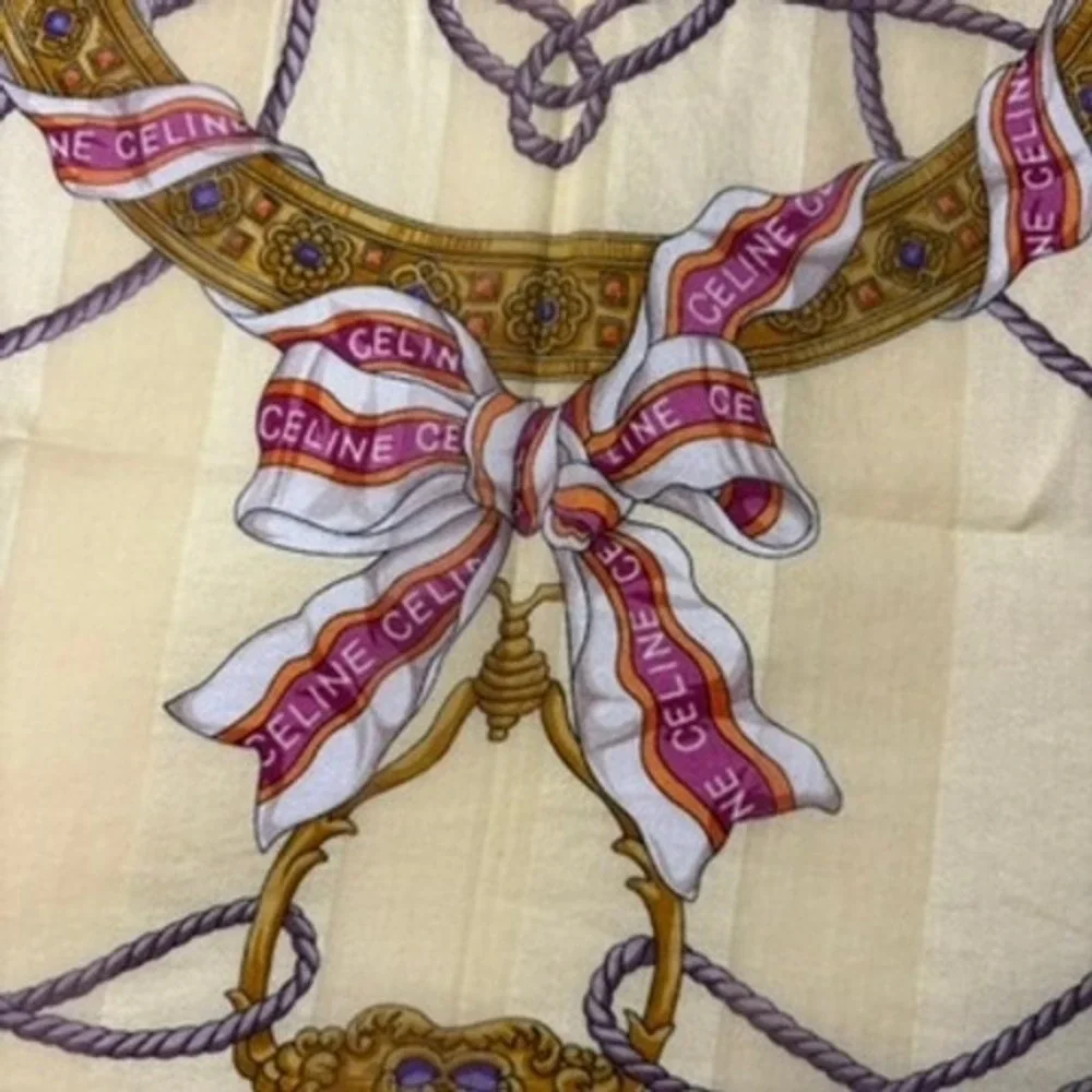 Vtg CELINE Scarf Handkerchief Bow Rope Tassel Yellow Pink 19